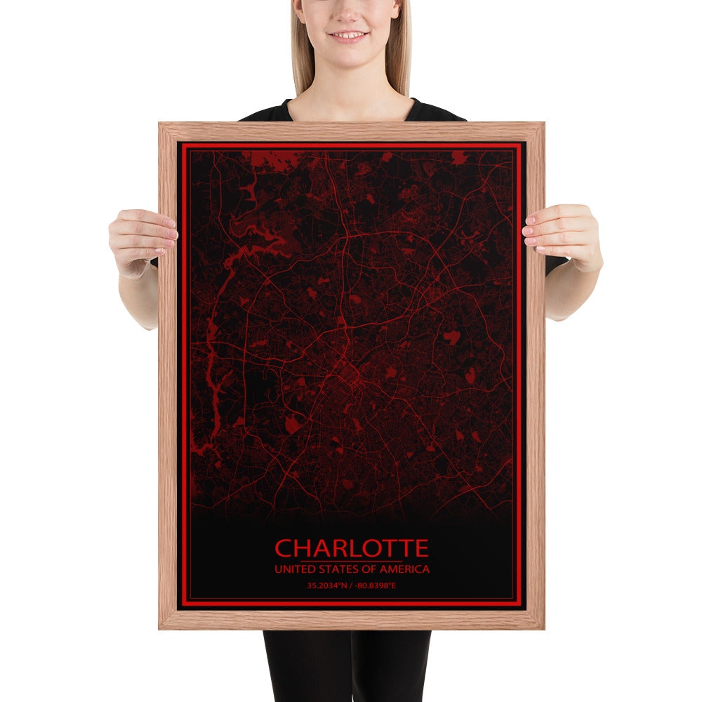 Charlotte Black and Red Framed Map