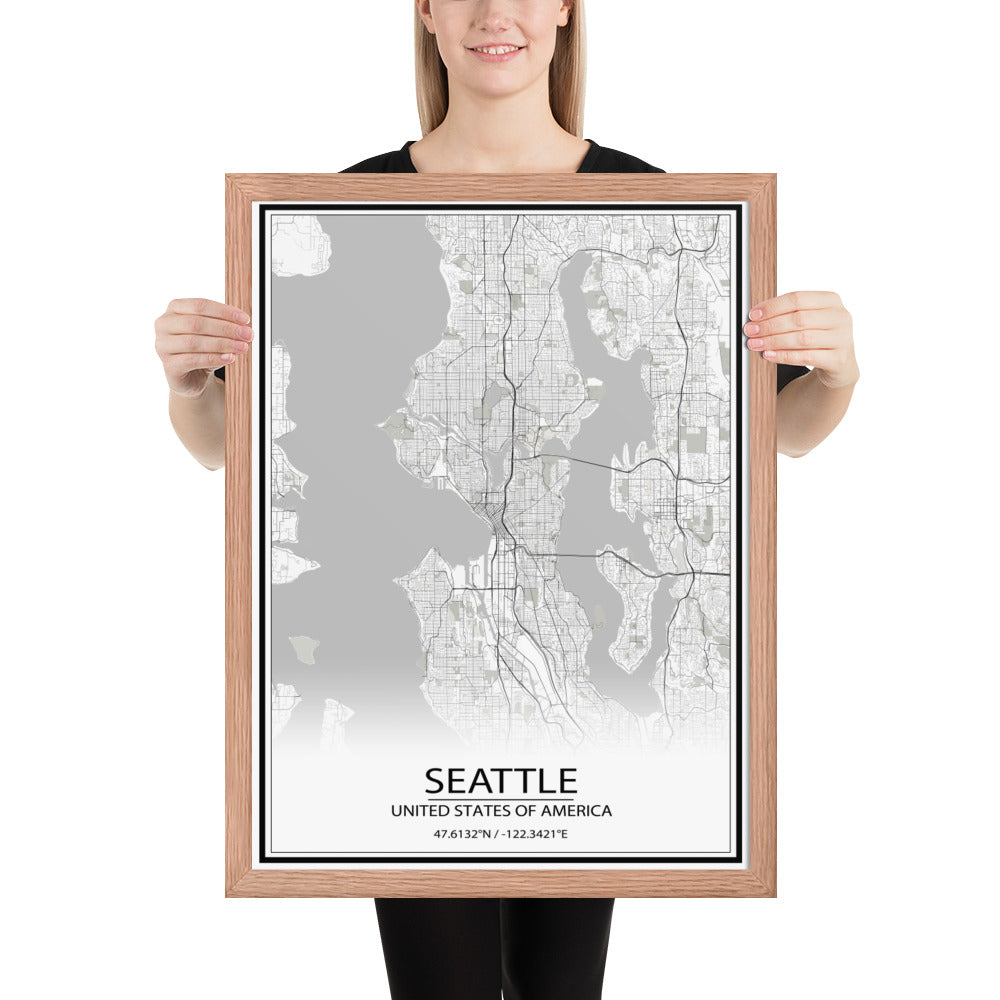 Seattle White Framed Map