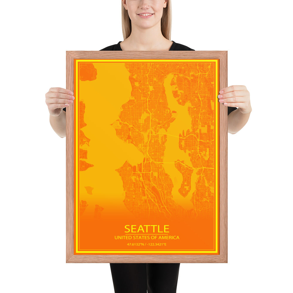 Seattle Orange and Yellow Framed Map