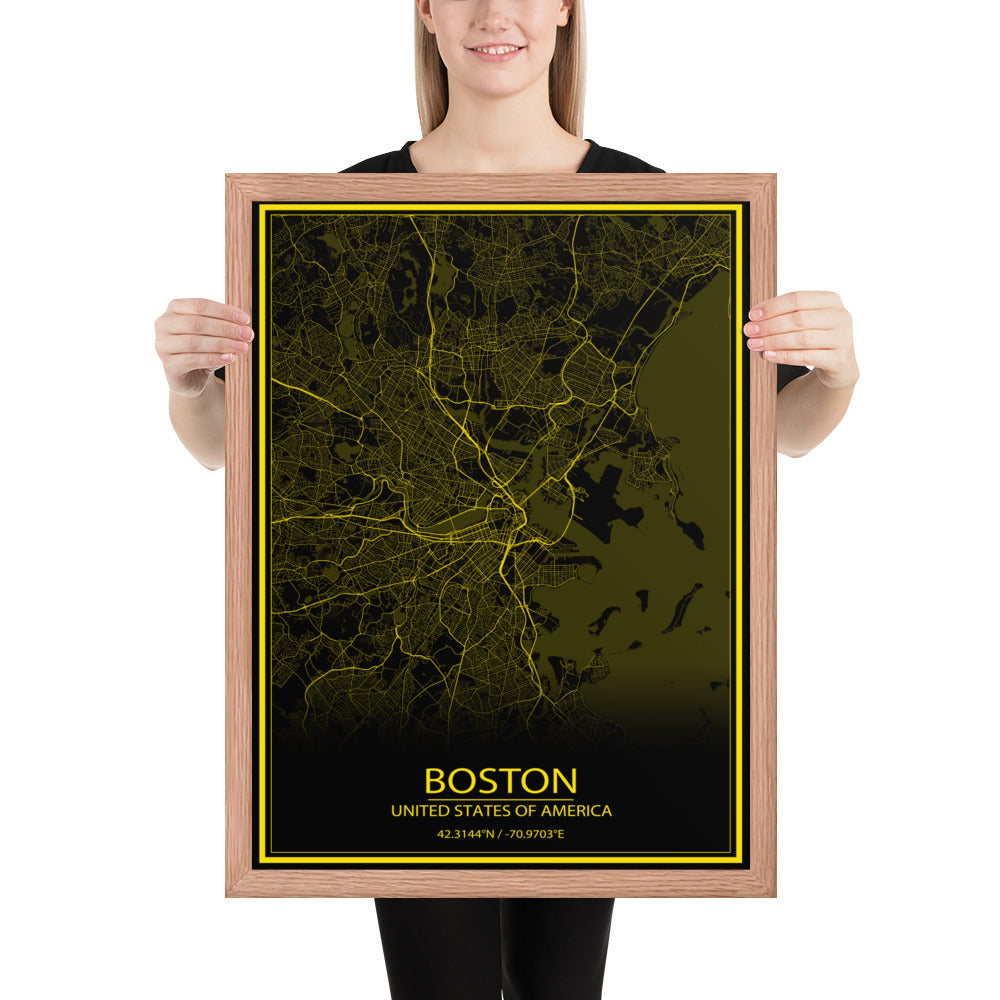 Boston Black and Yellow Framed Map