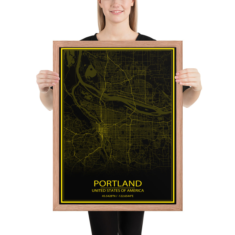 Portland Black and Yellow Framed Map