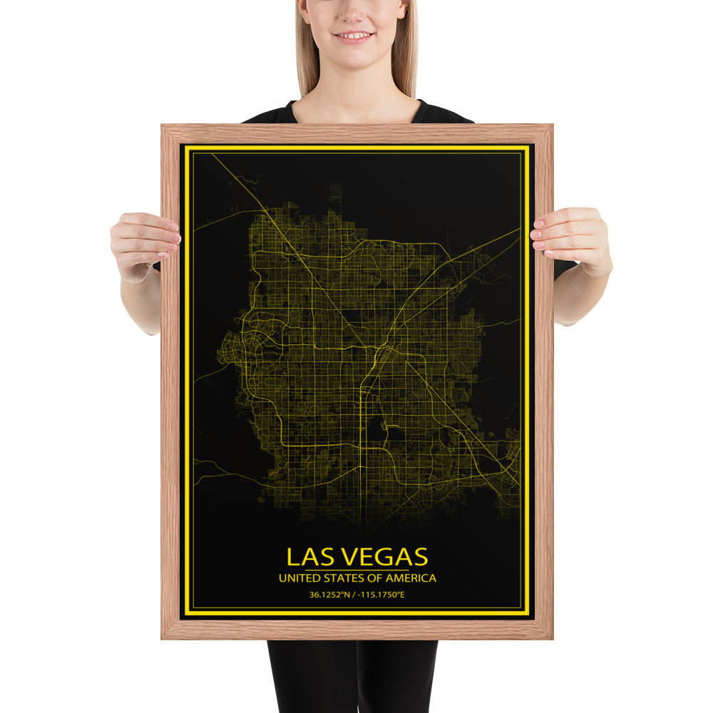 Las Vegas Black and Yellow Framed Map
