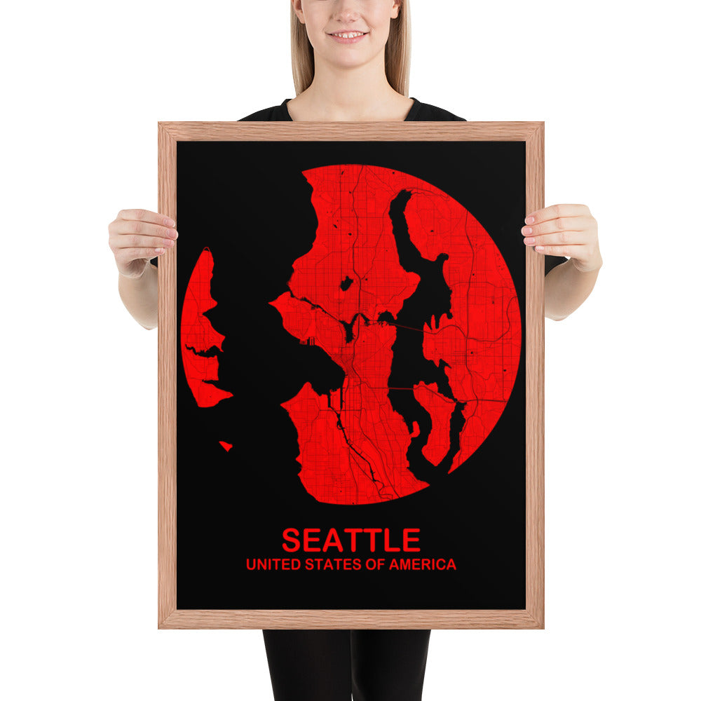 Seattle Circular Red Framed Map