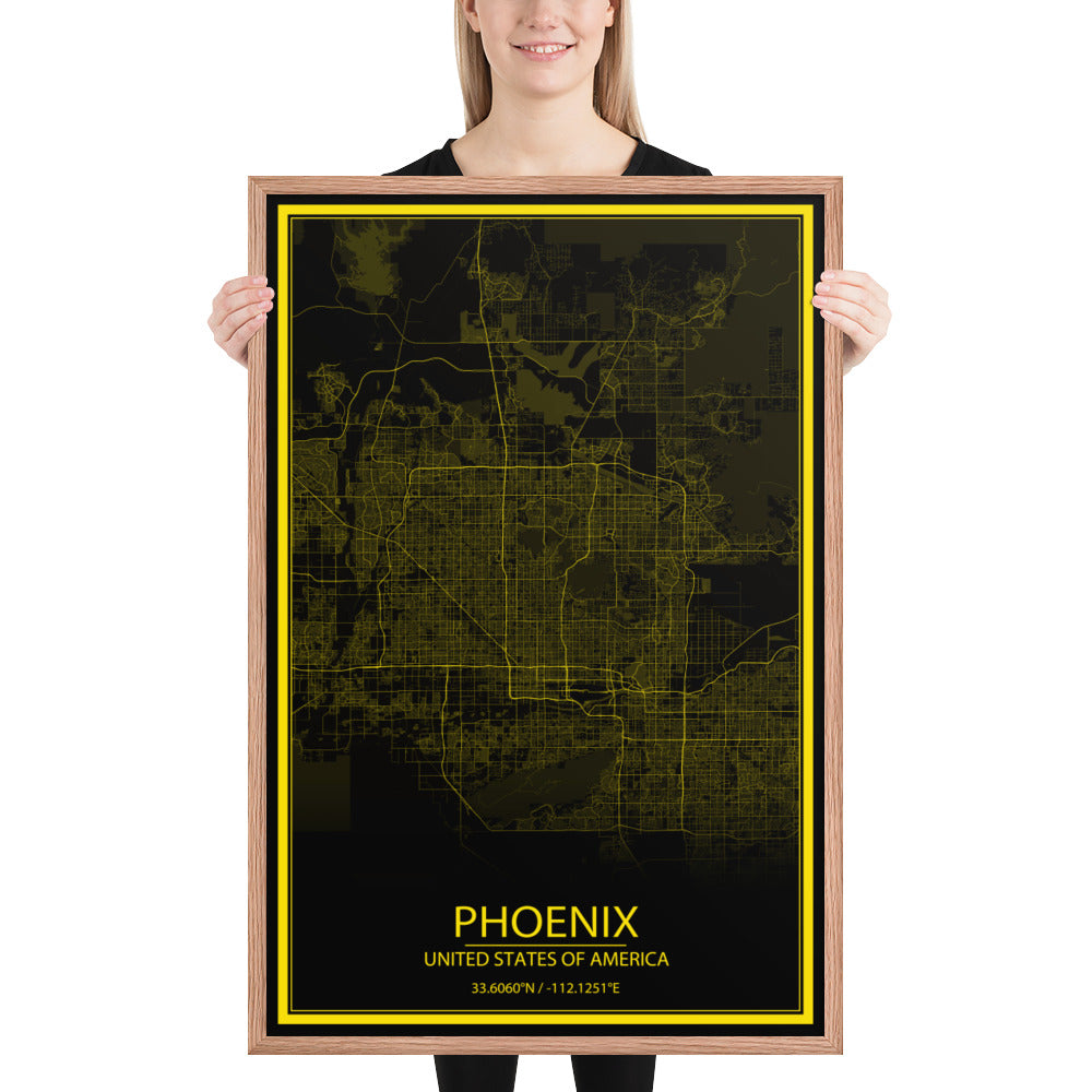 Phoenix Black and Yellow Framed Map
