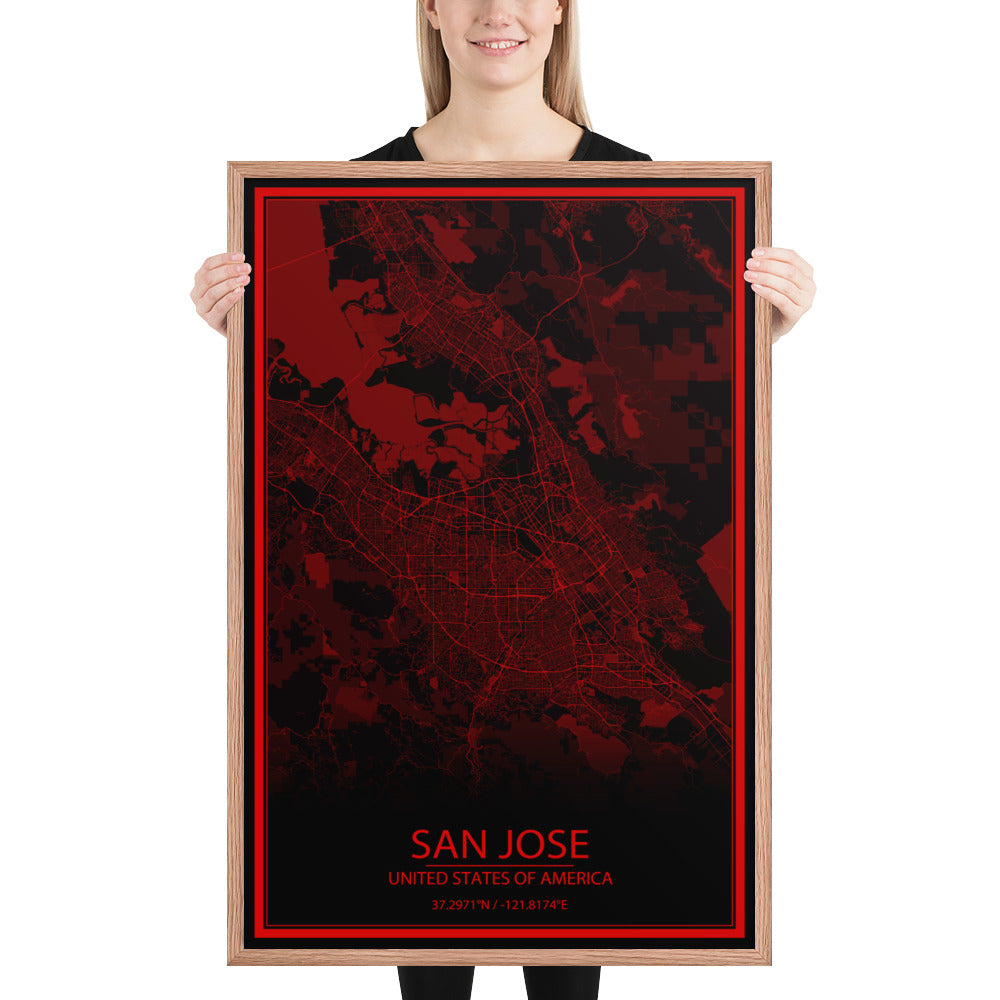 San Jose Black and Red Framed Map
