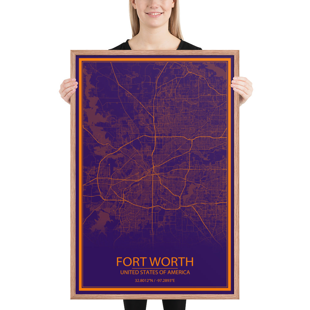 Fort Worth Purple and Orange Framed Map