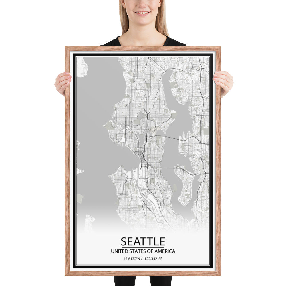 Seattle White Framed Map