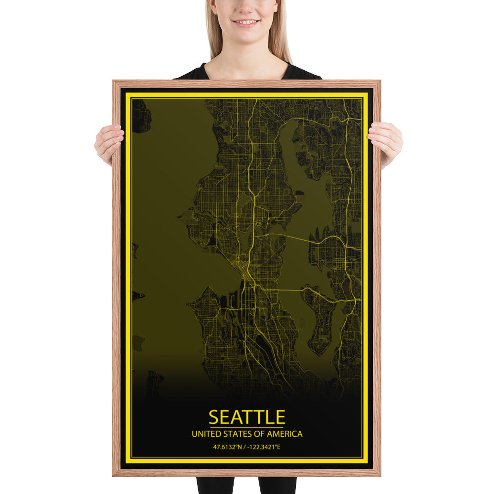 Seattle Black and Yellow Framed Map