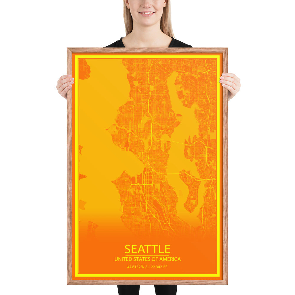 Seattle Orange and Yellow Framed Map