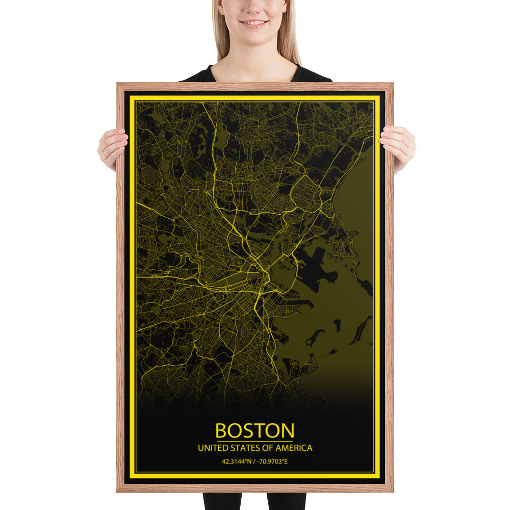 Boston Black and Yellow Framed Map