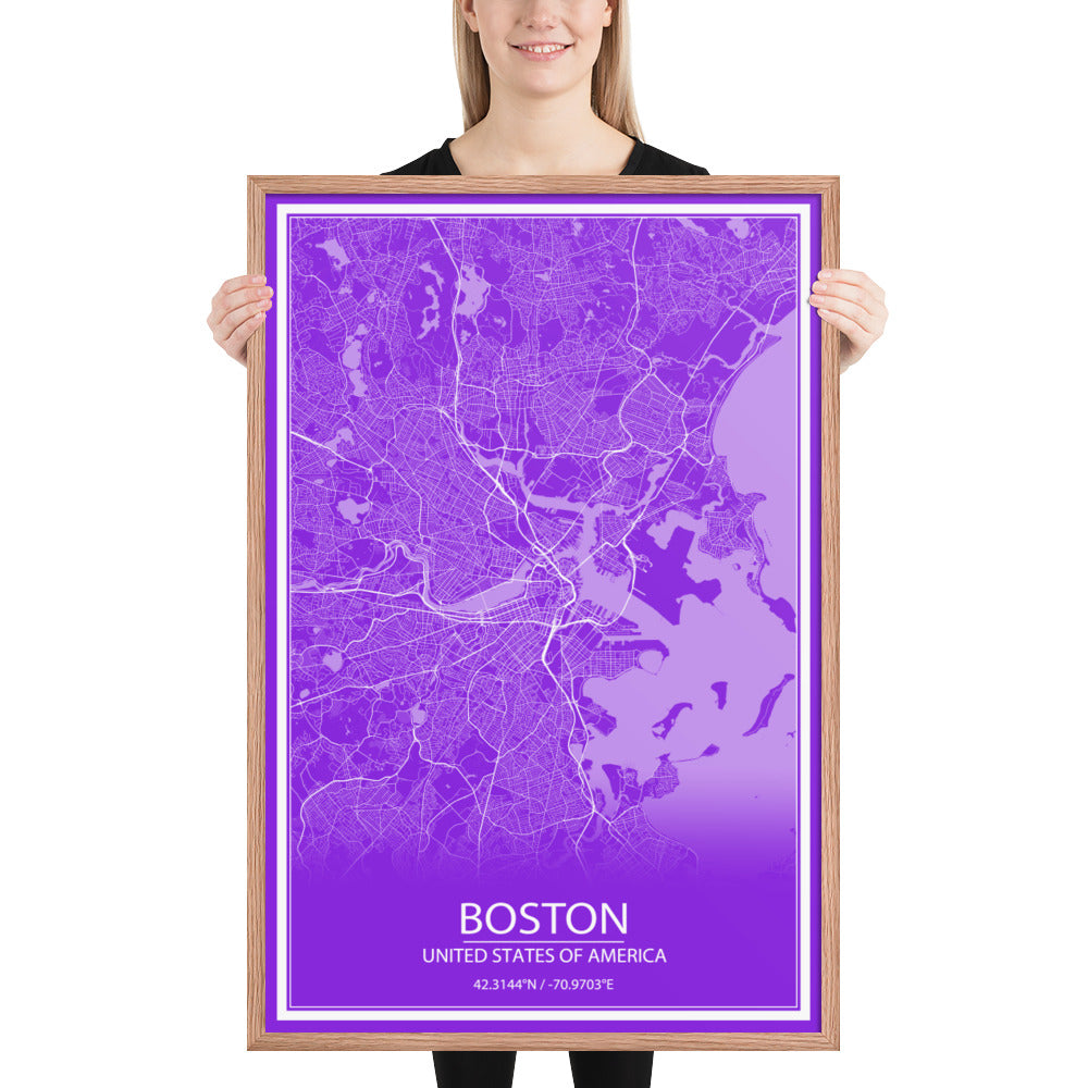 Boston Purple and White Framed Map