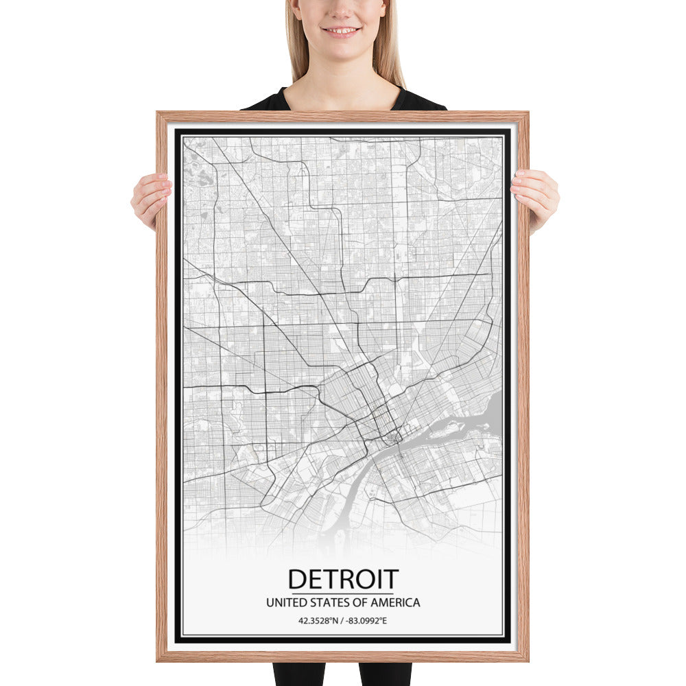 Detroit White Framed Map