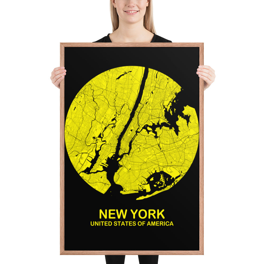 New York Circular Yellow Framed Map
