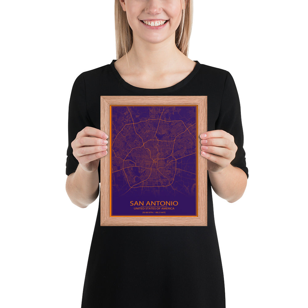 San Antonio Purple and Orange Framed Map
