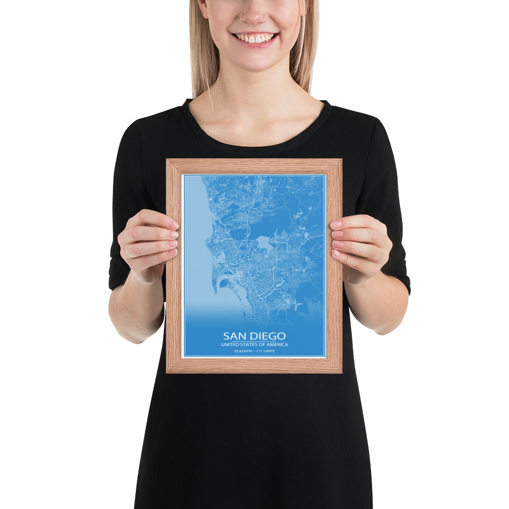 San Diego Blue and White Framed Map