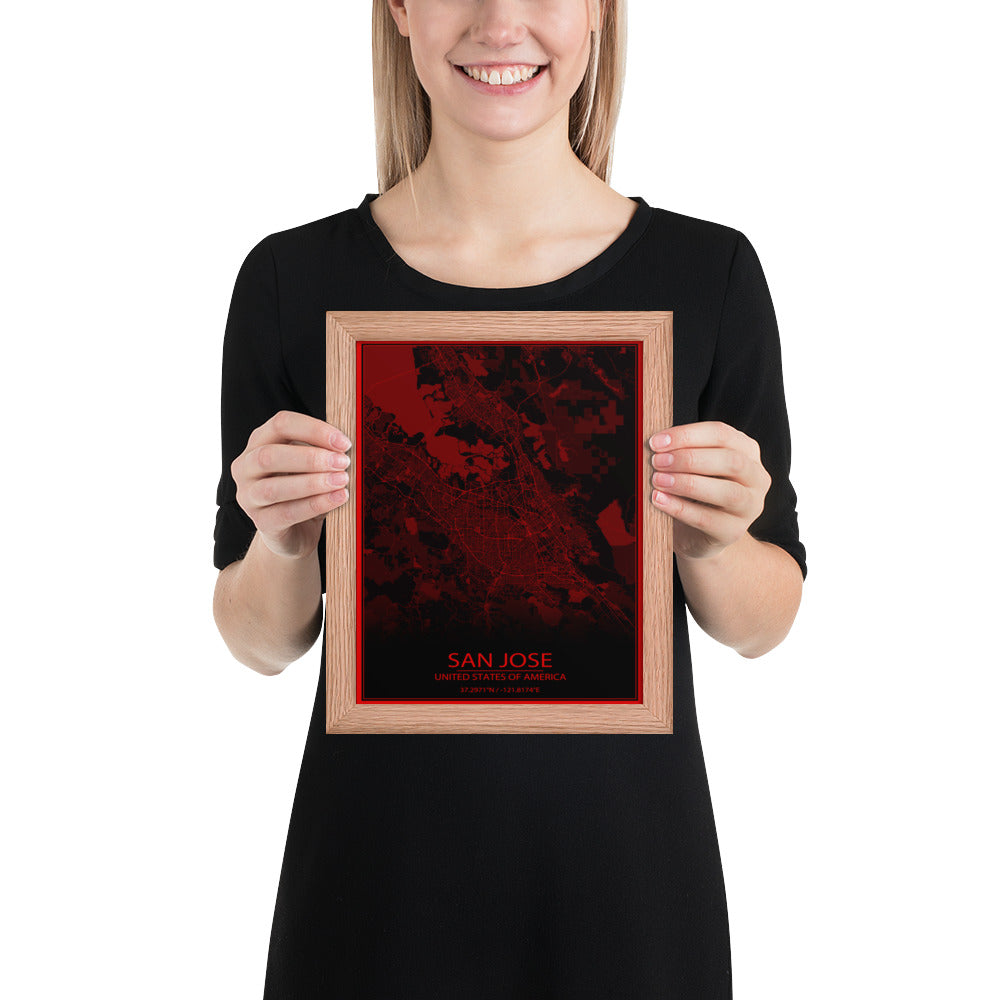 San Jose Black and Red Framed Map