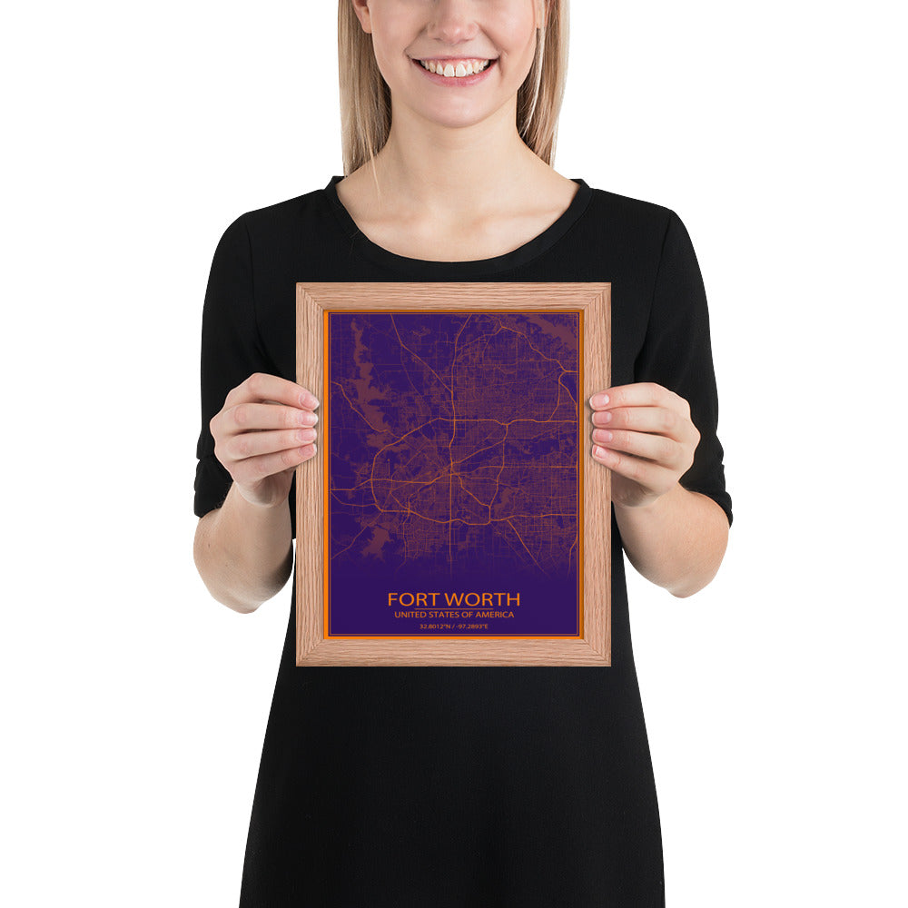 Fort Worth Purple and Orange Framed Map
