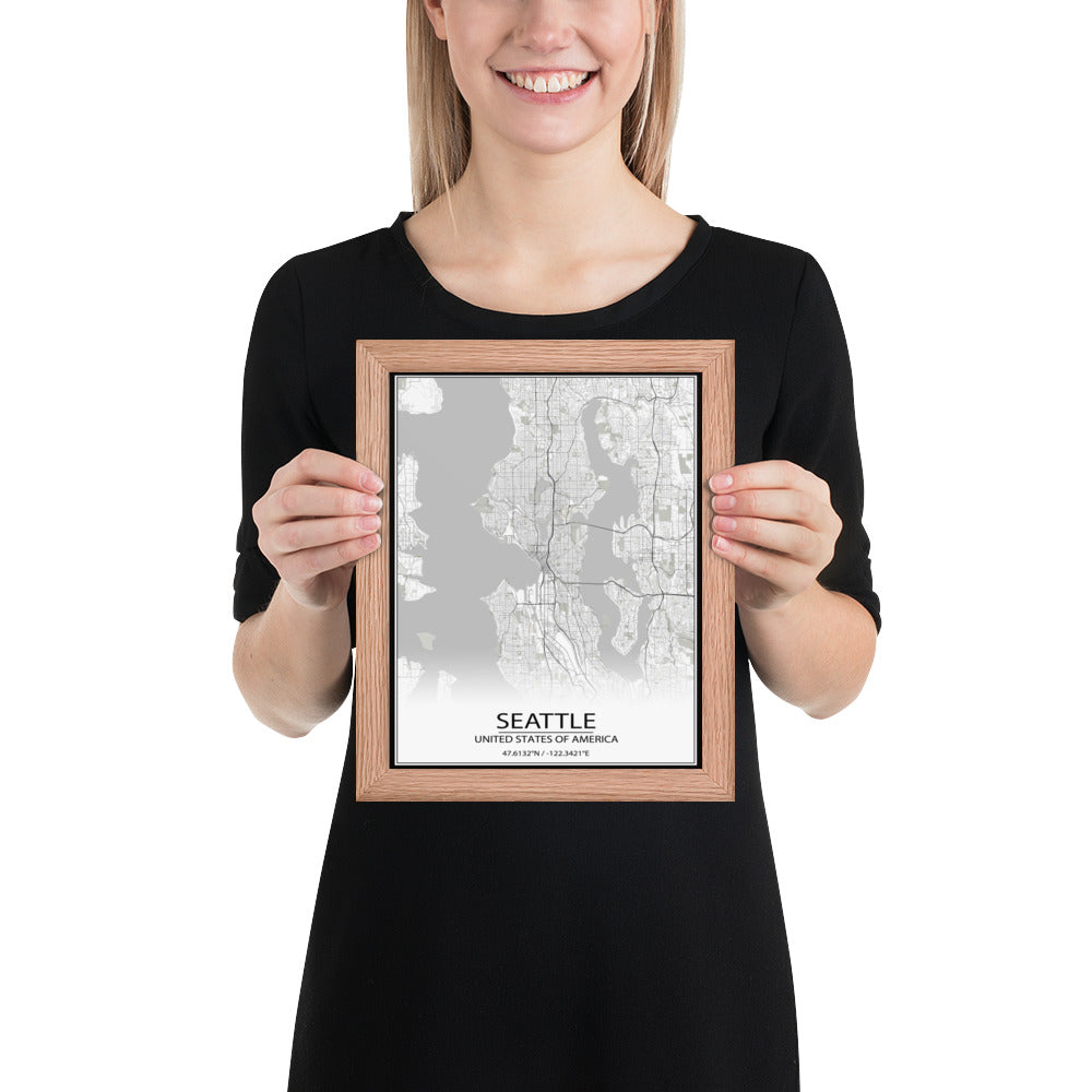 Seattle White Framed Map