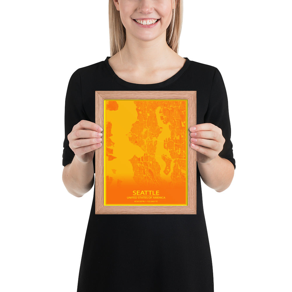 Seattle Orange and Yellow Framed Map