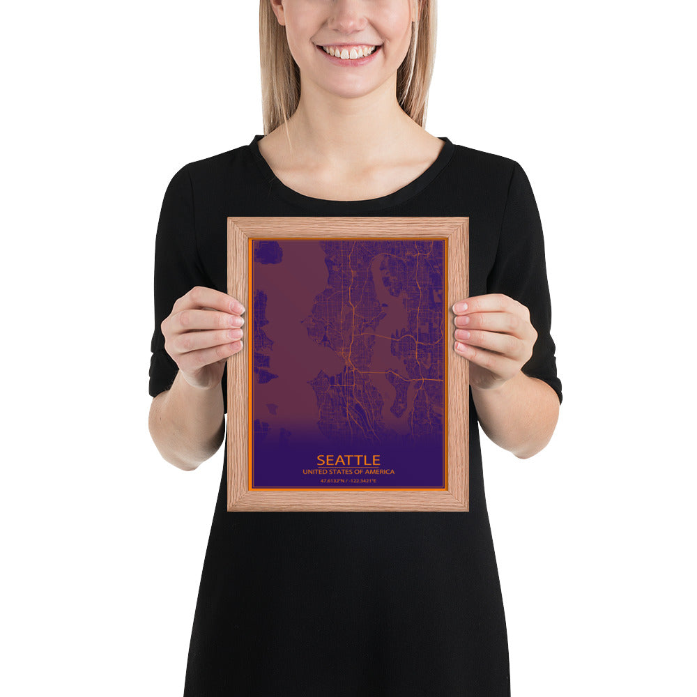 Seattle Purple and Orange Framed Map