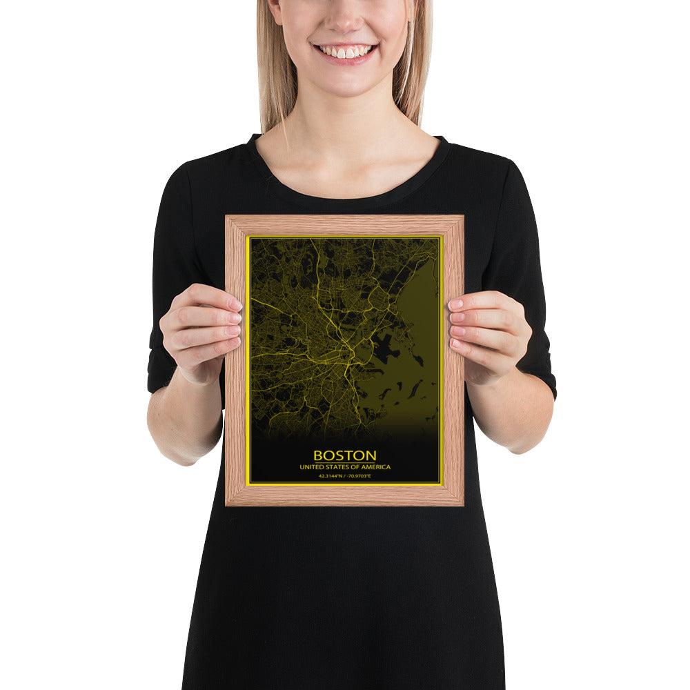 Boston Black and Yellow Framed Map