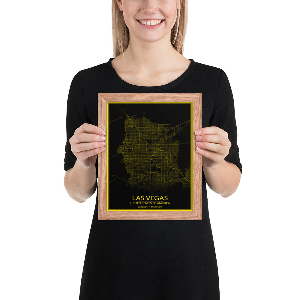 Las Vegas Black and Yellow Framed Map