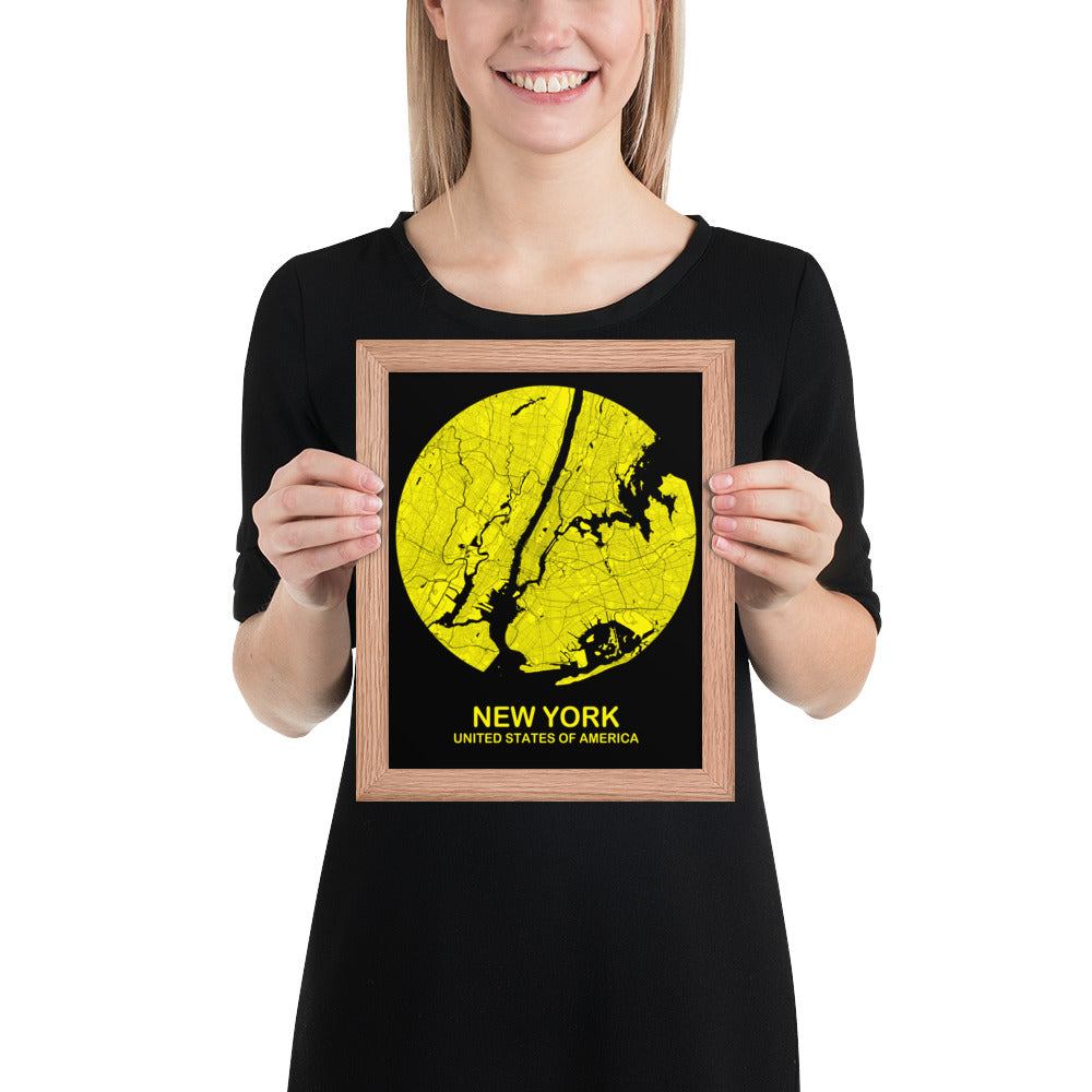 New York Circular Yellow Framed Map