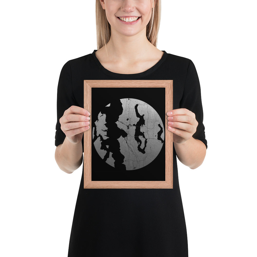 Seattle Silver on Black Framed Map