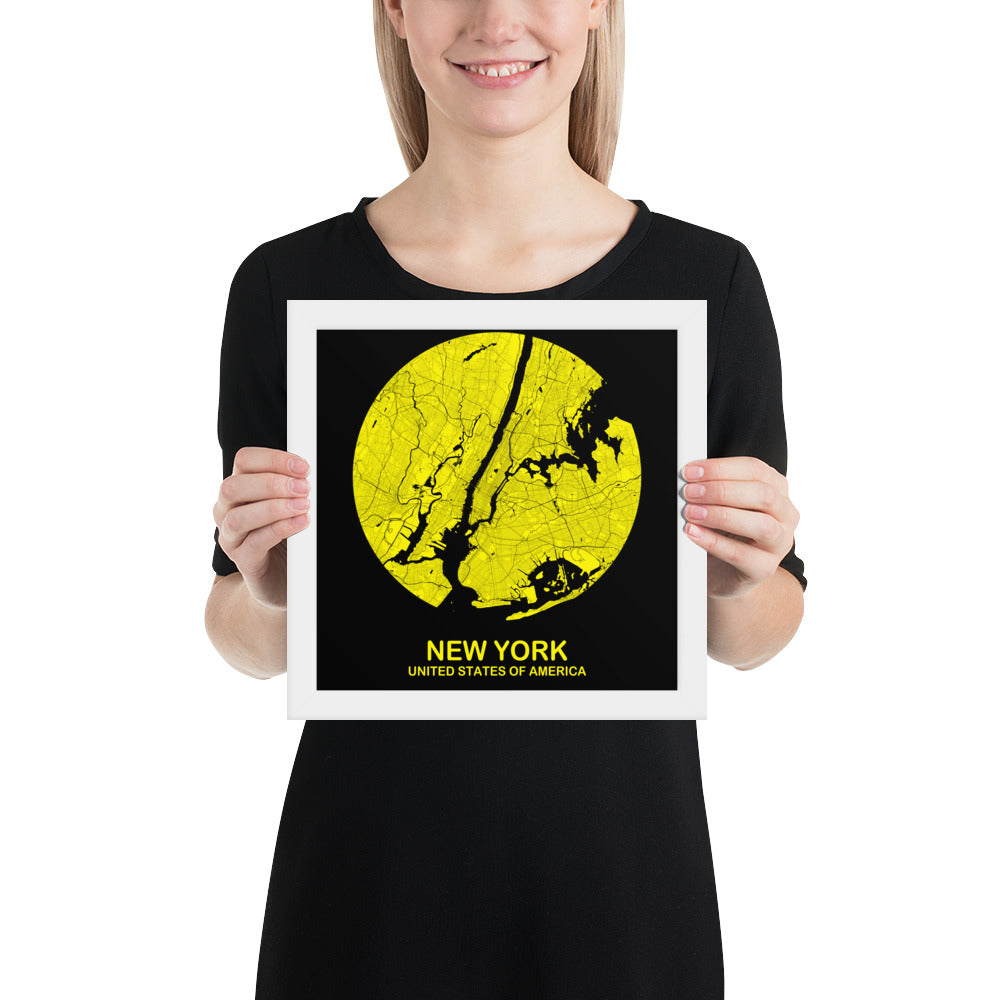 New York Circular Yellow Framed Map
