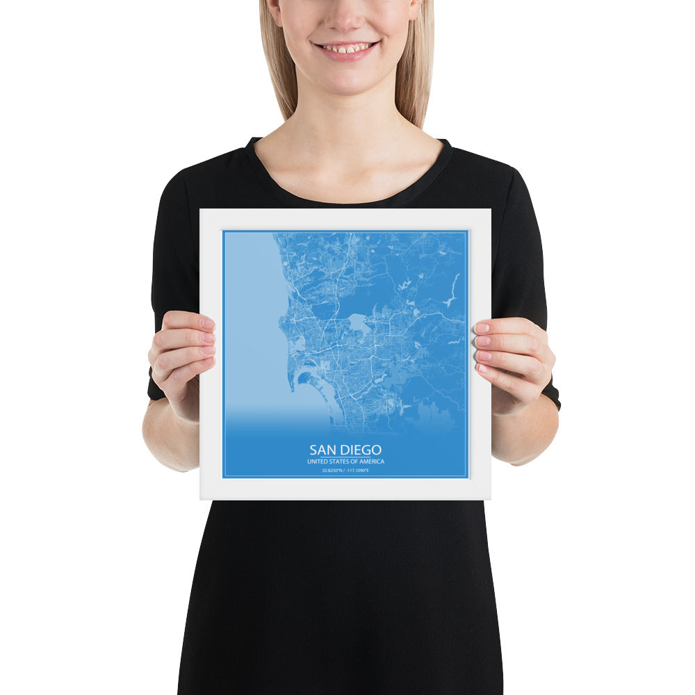San Diego Blue and White Framed Map