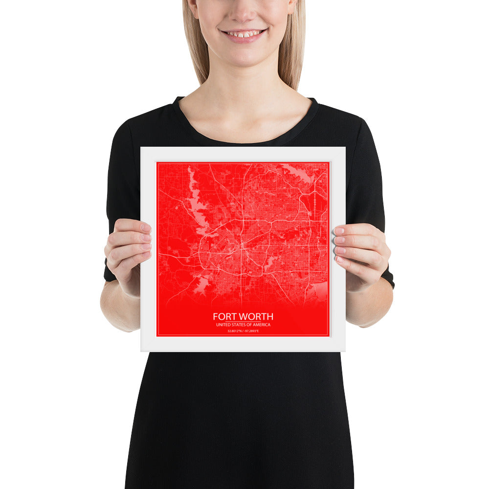 Fort Worth Red and White Framed Map
