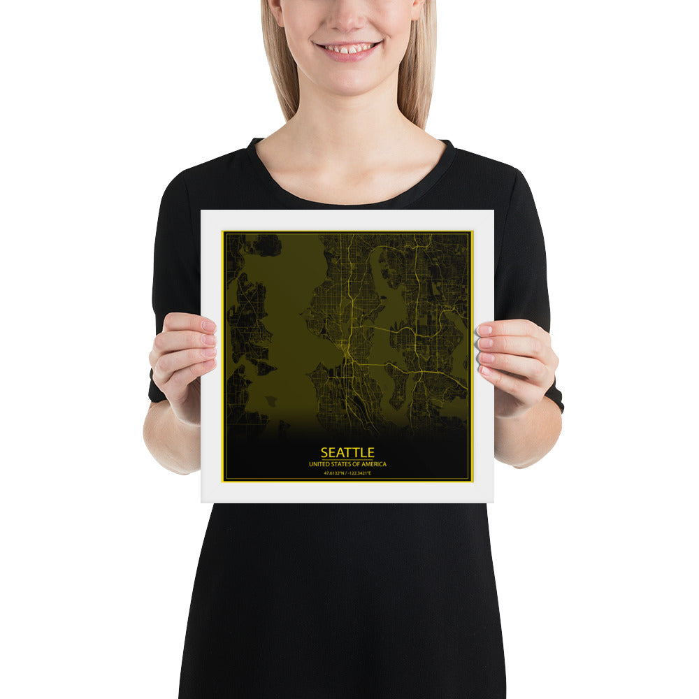 Seattle Black and Yellow Framed Map