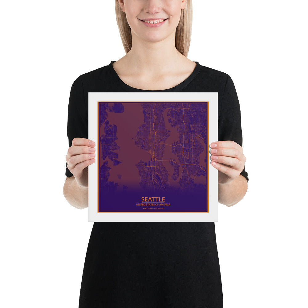 Seattle Purple and Orange Framed Map