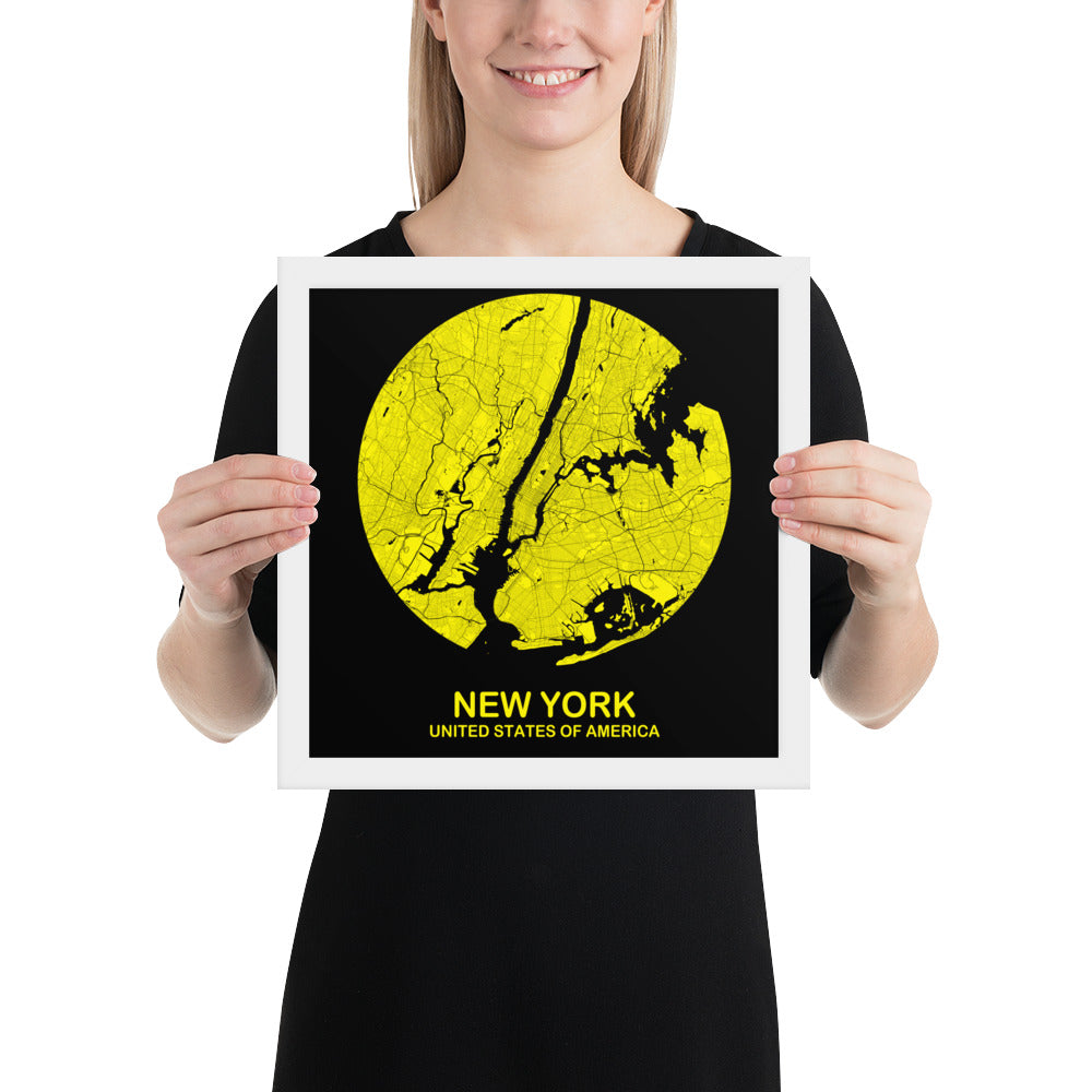 New York Circular Yellow Framed Map