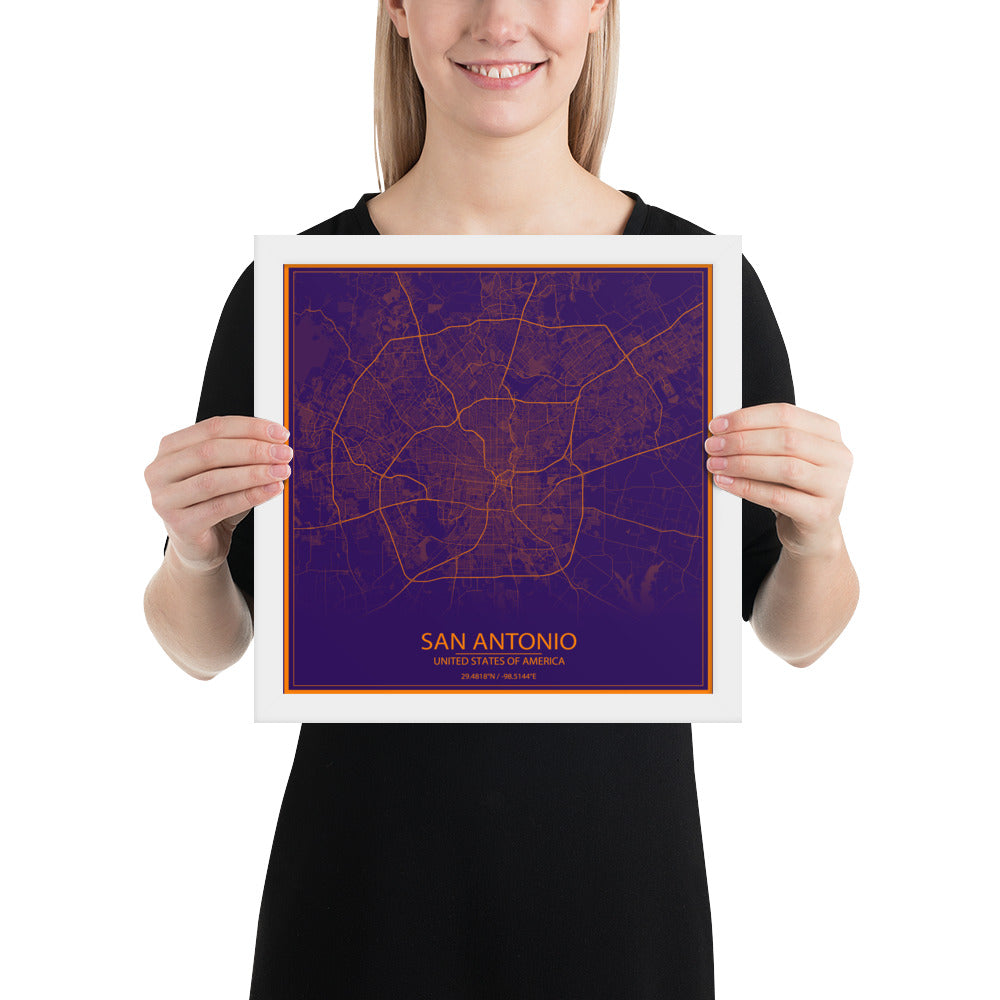 San Antonio Purple and Orange Framed Map