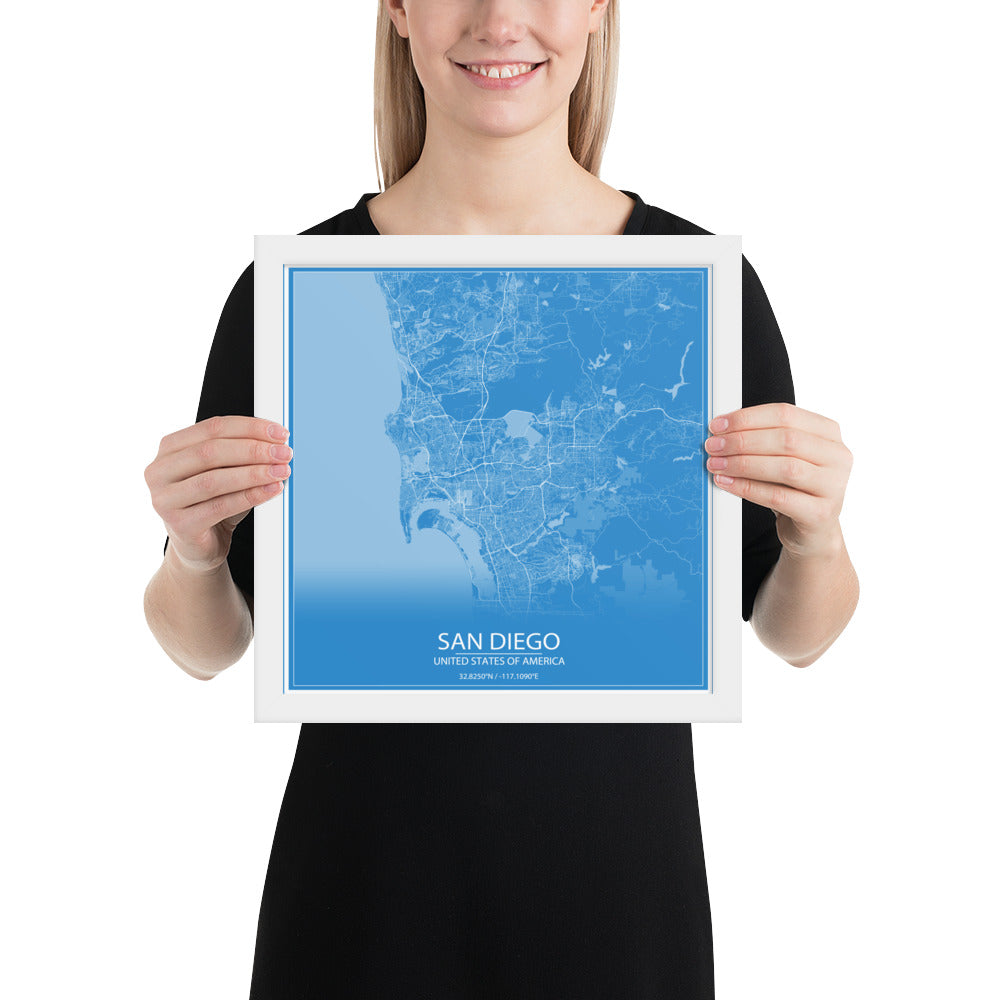 San Diego Blue and White Framed Map