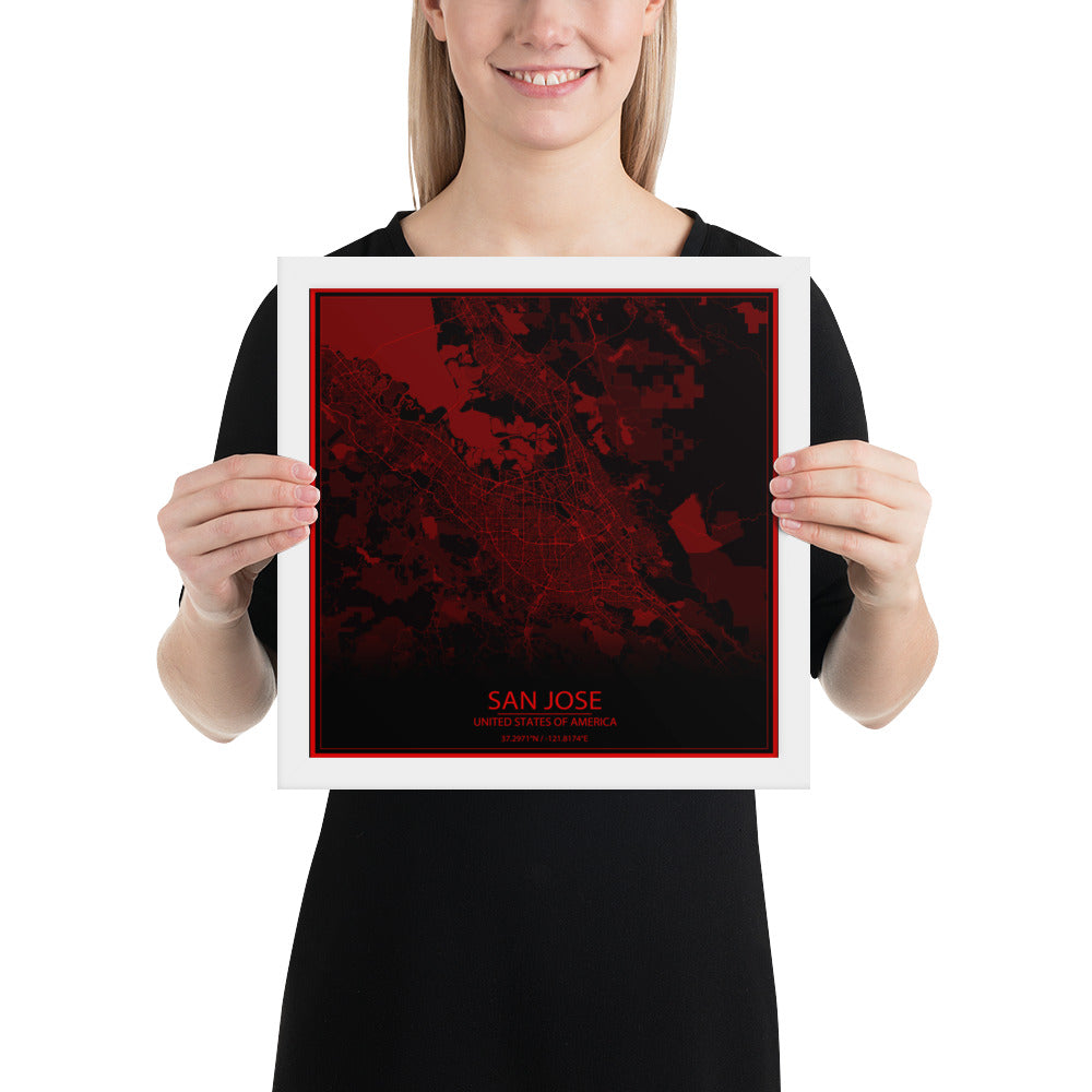 San Jose Black and Red Framed Map