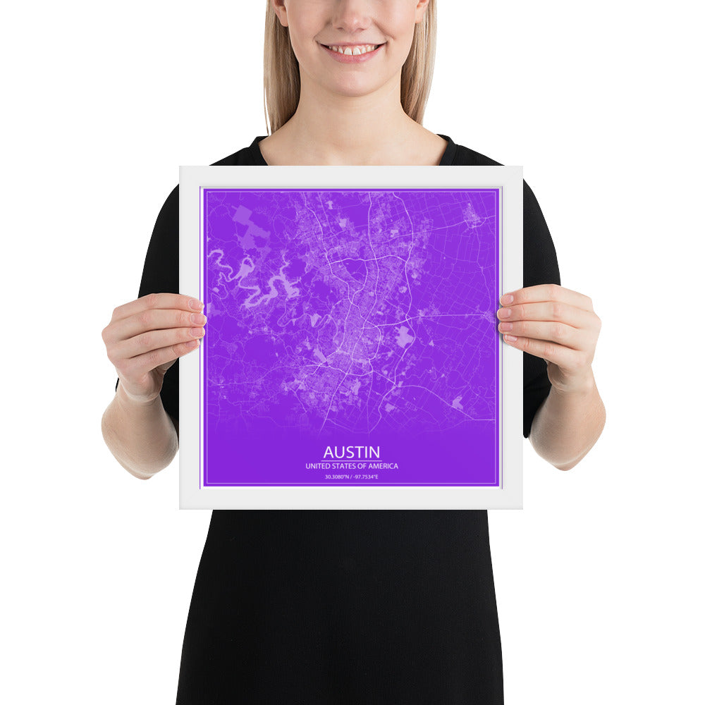 Austin Purple and White Framed Map