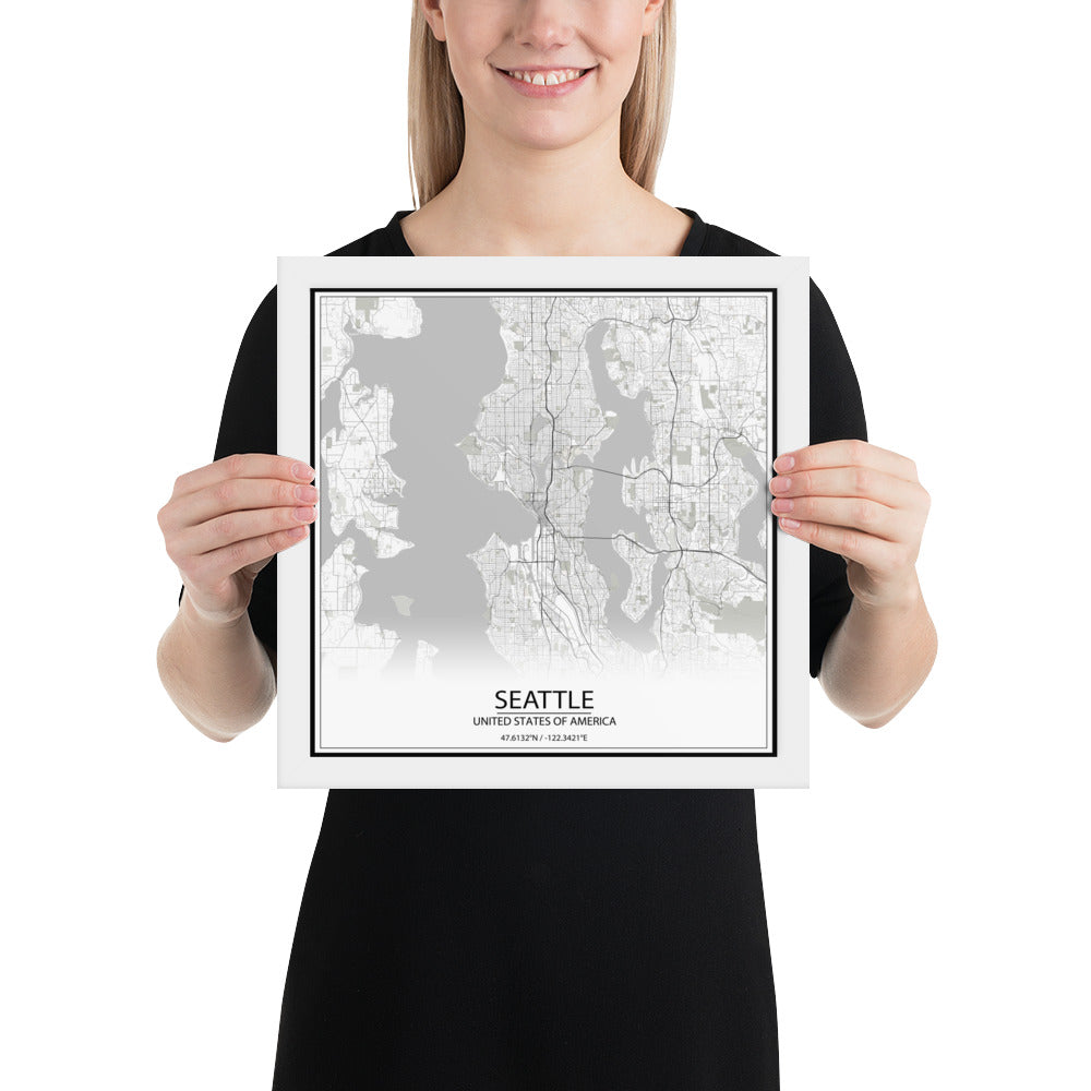 Seattle White Framed Map