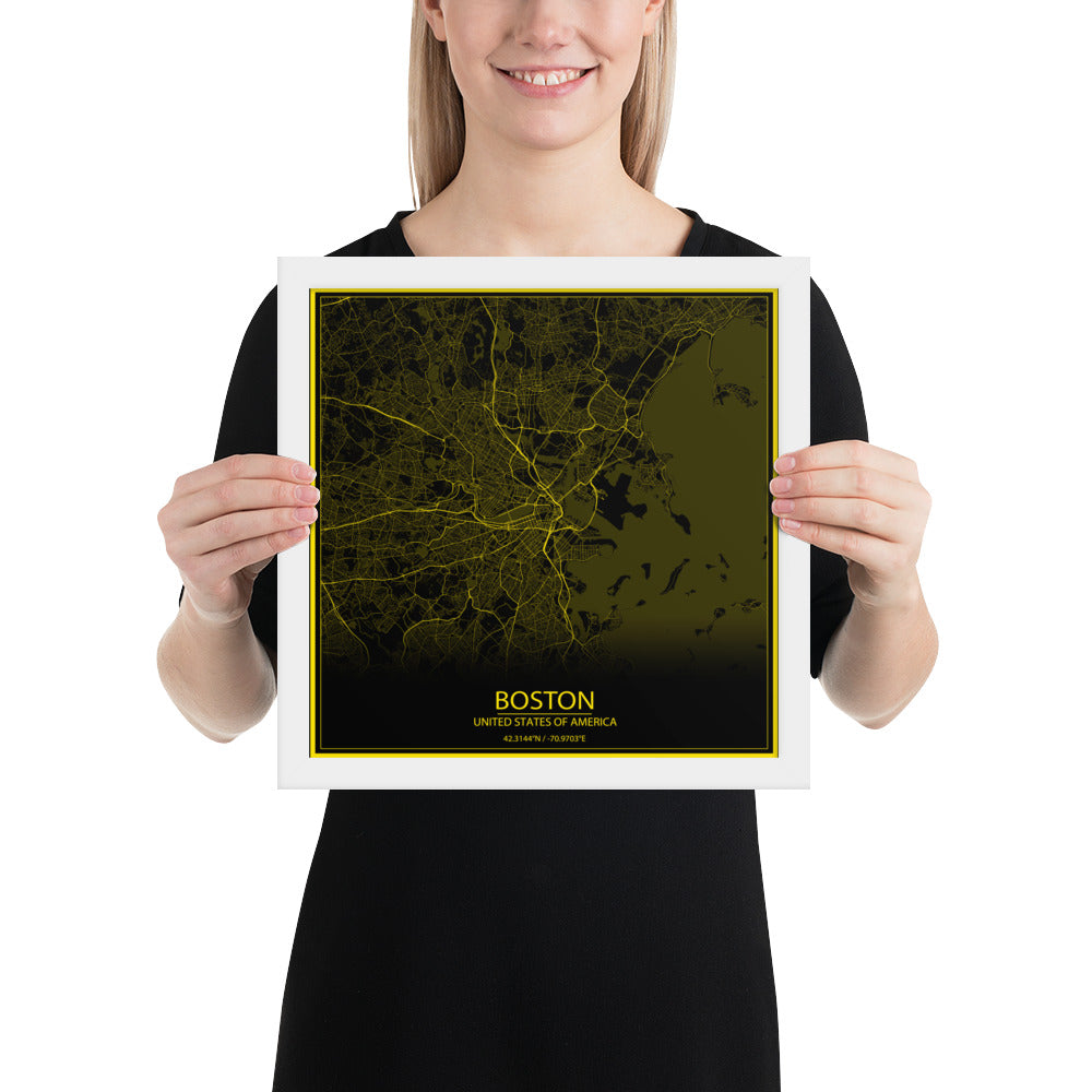 Boston Black and Yellow Framed Map