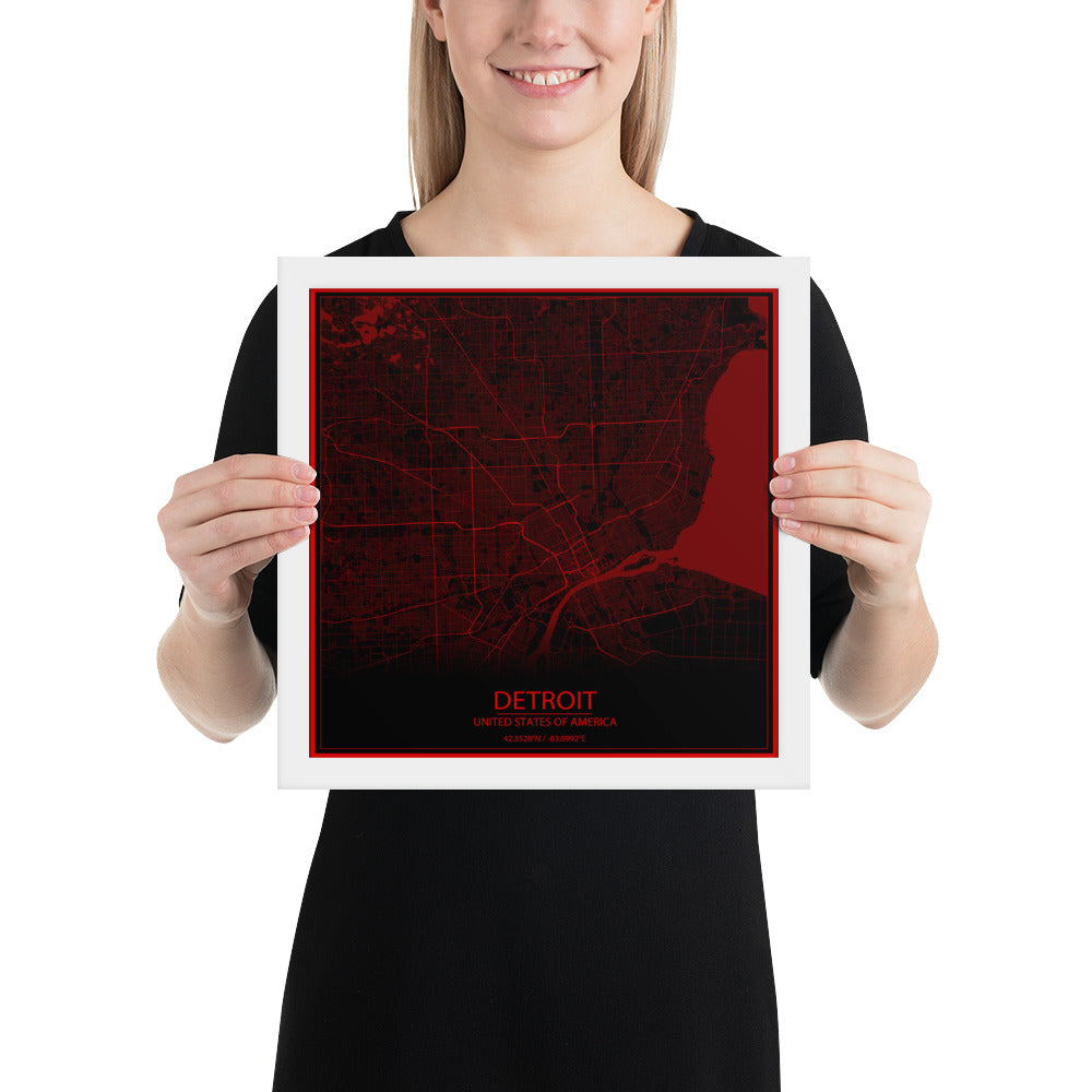 Detroit Black and Red Framed Map