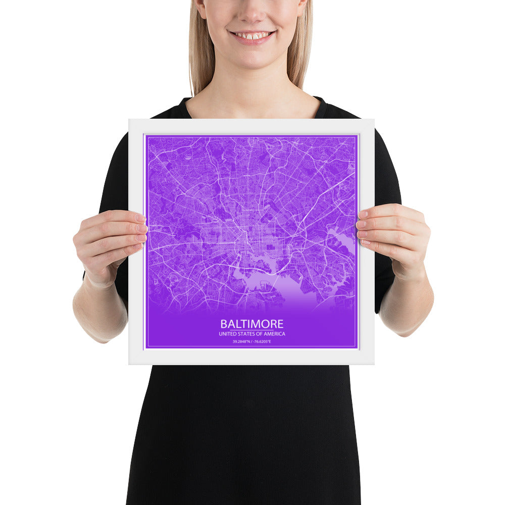 Baltimore Purple and White Framed Map