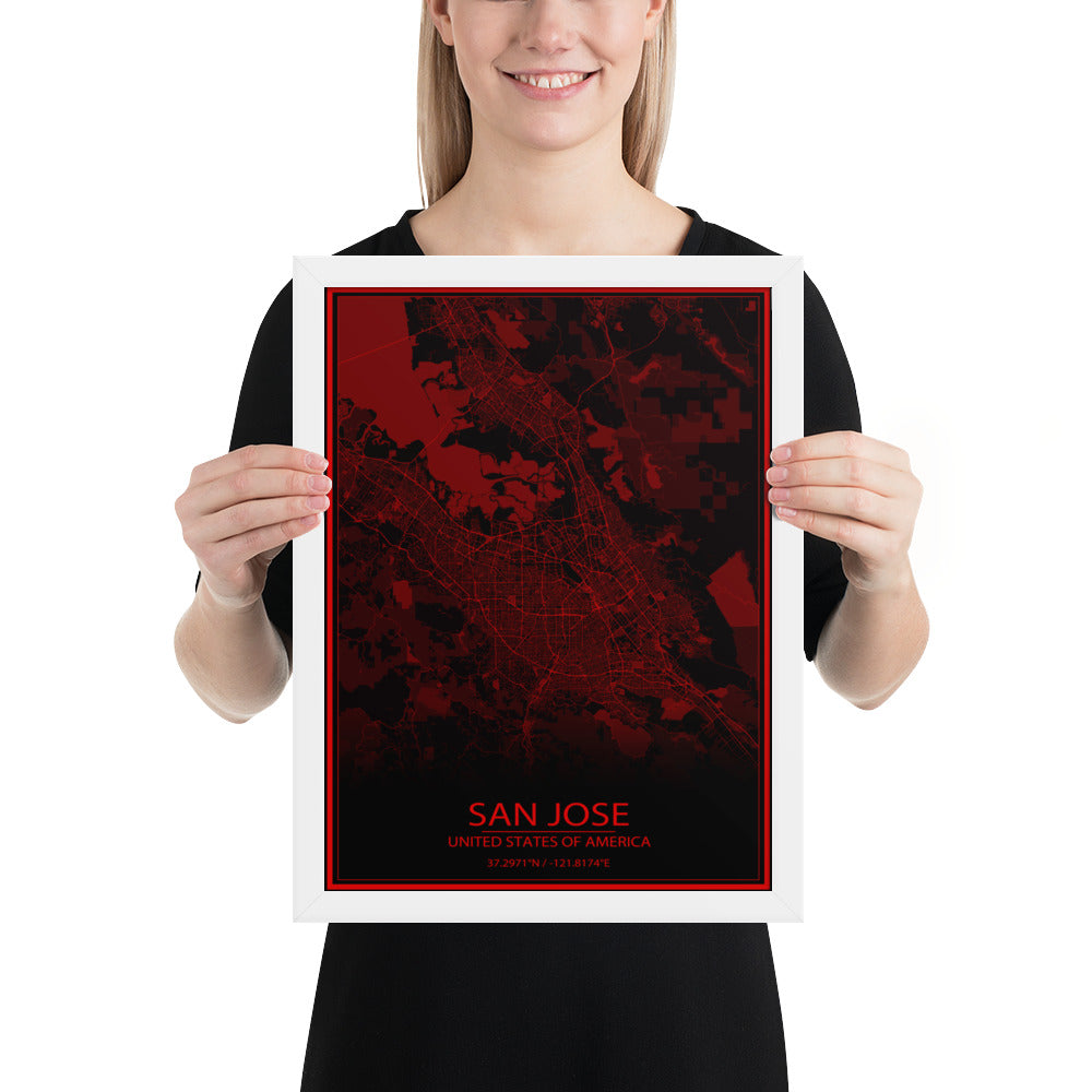 San Jose Black and Red Framed Map