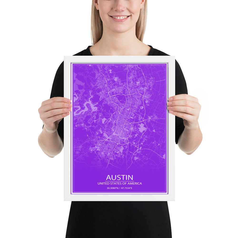 Austin Purple and White Framed Map