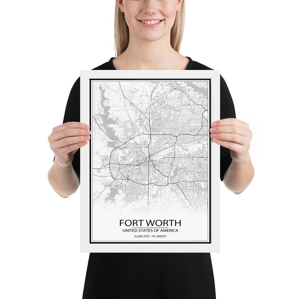 Fort Worth White Framed Map