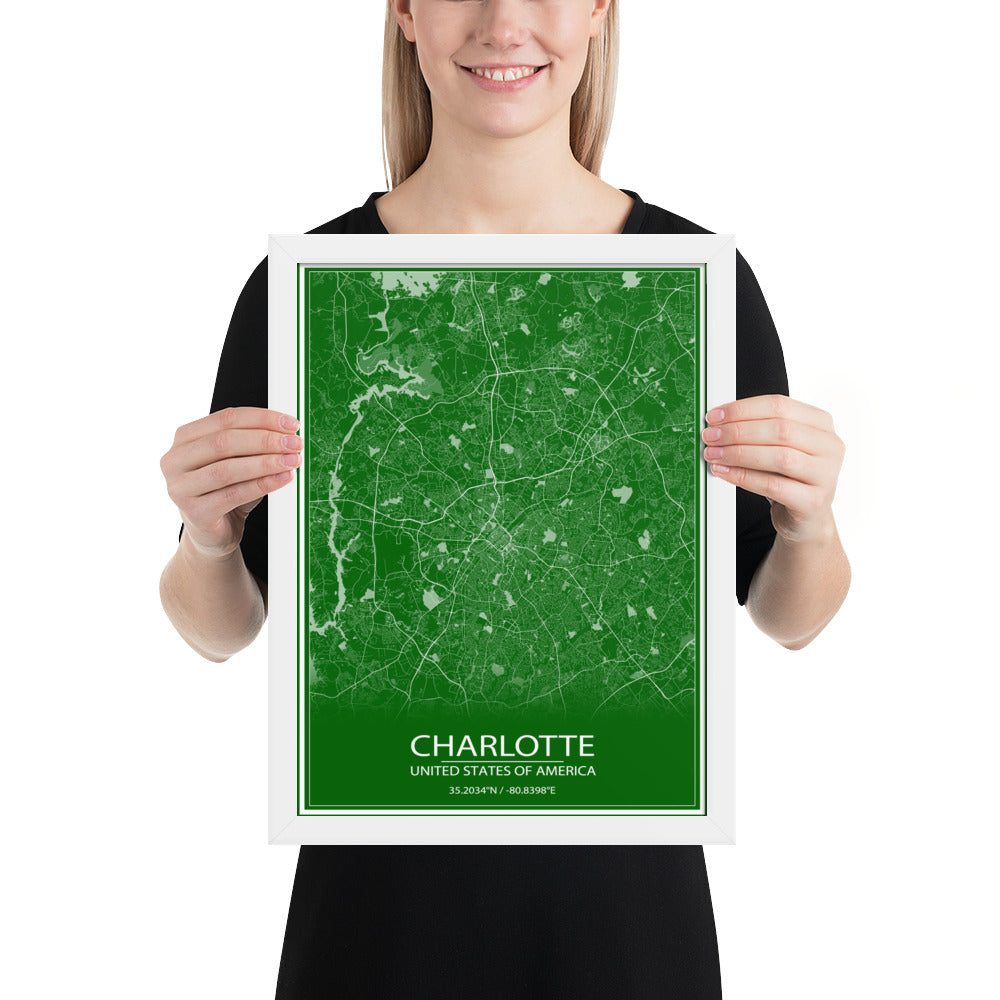 Charlotte Green and White Framed Map