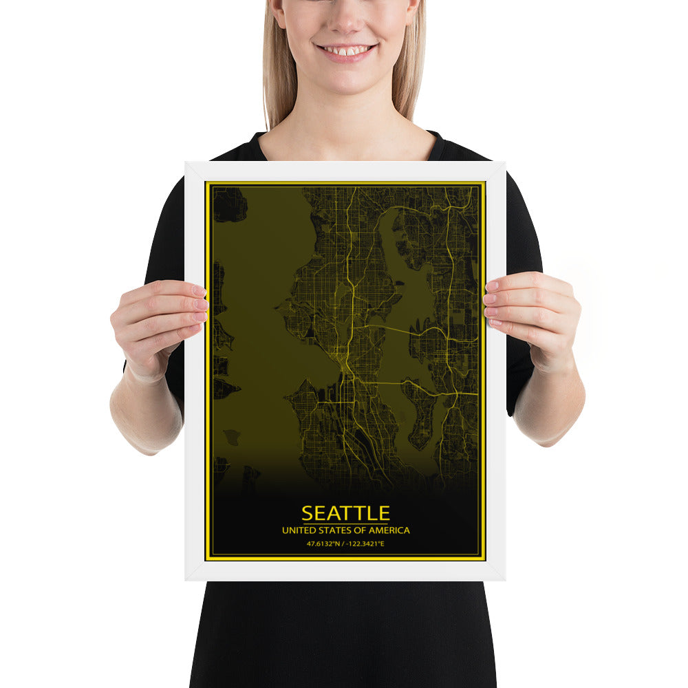 Seattle Black and Yellow Framed Map