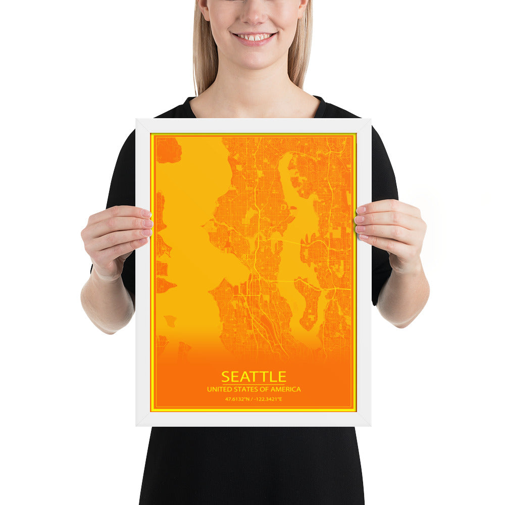 Seattle Orange and Yellow Framed Map