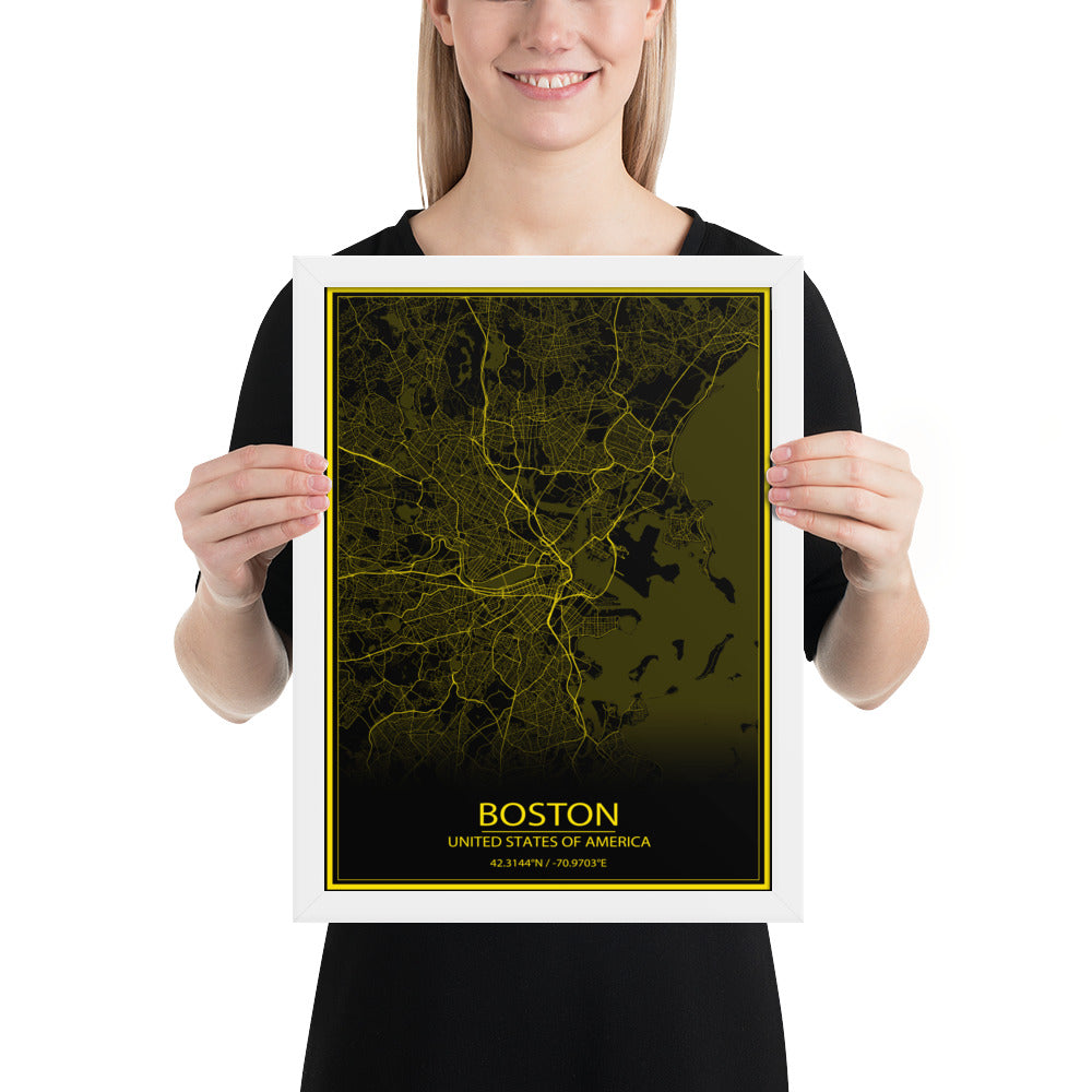 Boston Black and Yellow Framed Map