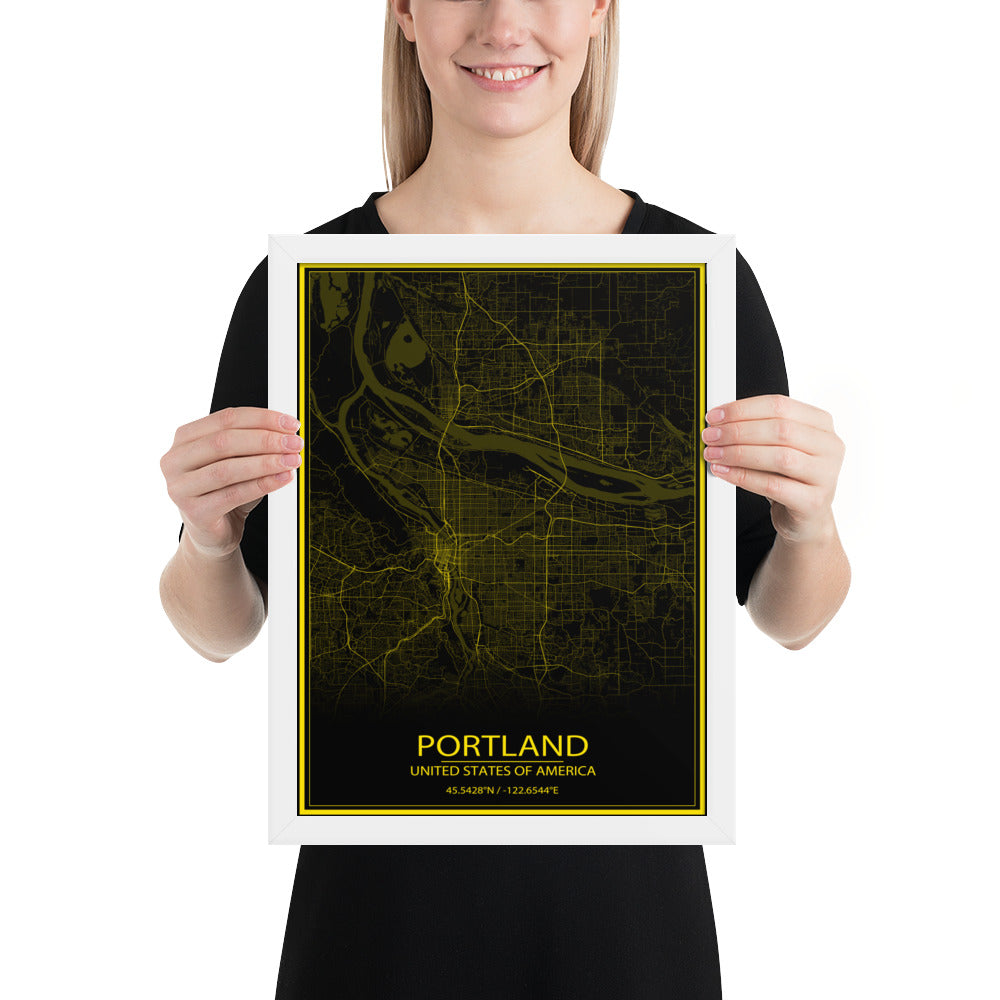 Portland Black and Yellow Framed Map